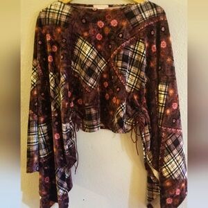 Forever21 Womens Brown & Pink Patch Long Sleeve  Print Velvet Top Size M